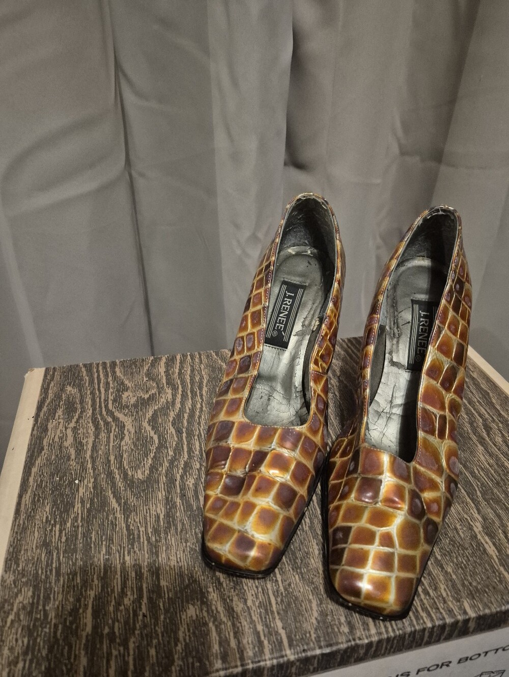 J.Renee Croc-Pattern Square-Toe Pumps in Brown and Tan